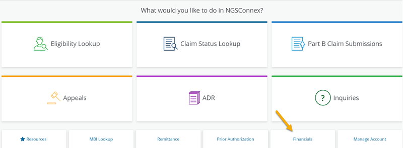Image of the NGSConnex homepage with a arrow pointing to the Financials tab. 