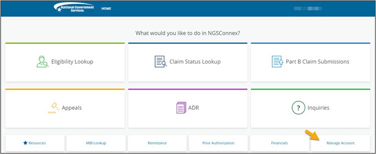 ‘Manage Account’ button on the NGSConnex home page