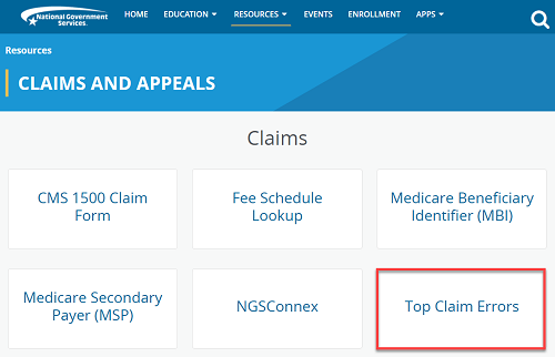 Claims and appeals page highlighting Top Claim Errors