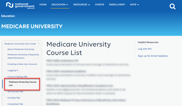 Medicare University User Guide highlighting Medicare University Course List