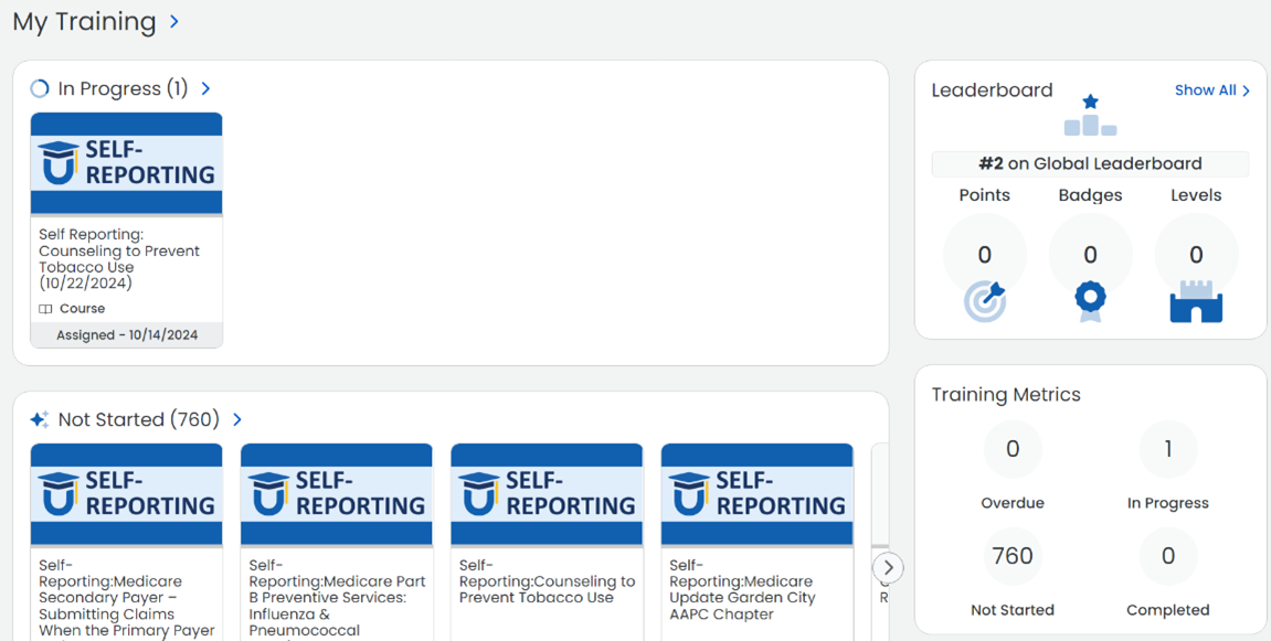 My Training dashboard in Medicare Univeersity