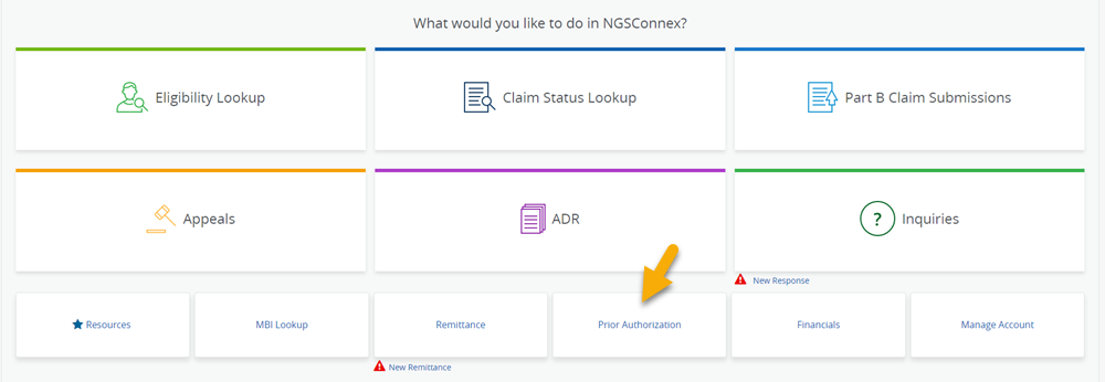 NGSConnex homepage with an arrow pointing to the Prior Authorization tab. 