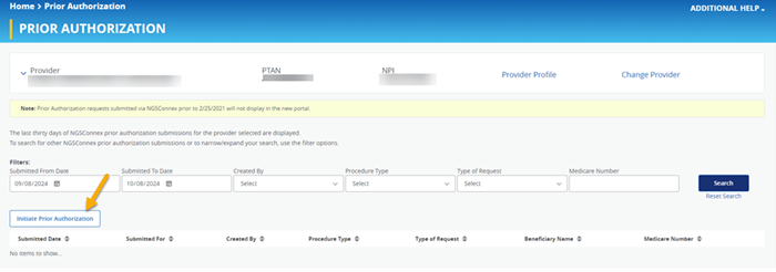 NGSConnex screen with a yellow arrow pointing to the Initiate Prior Authorization buton. 
