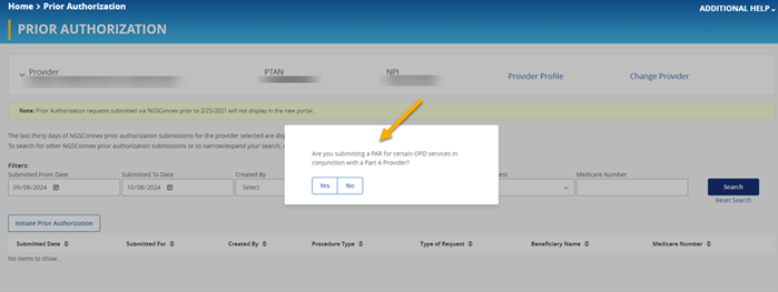 NGSConnex screen with a yellow arrow pointing to the question. "Are you submitting a PAR for certain OPD services in conjunction with a Part A proider?"