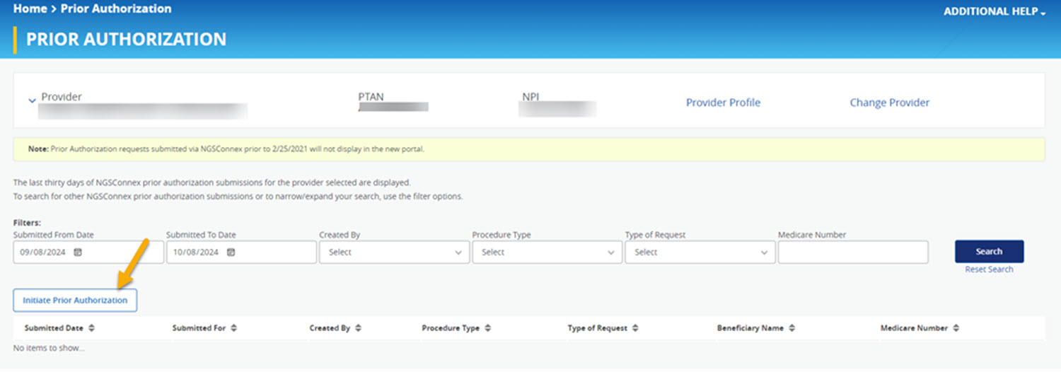 Screenshot of prior authorization tab on NGSConnex