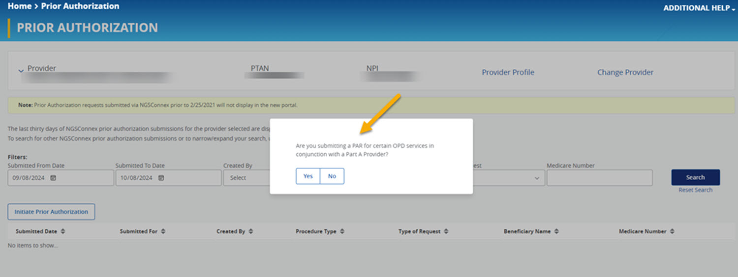 Screenshot of dialog box stating Are you submitting a PAR for certain OPD services in conjuction with a Part A Provider?