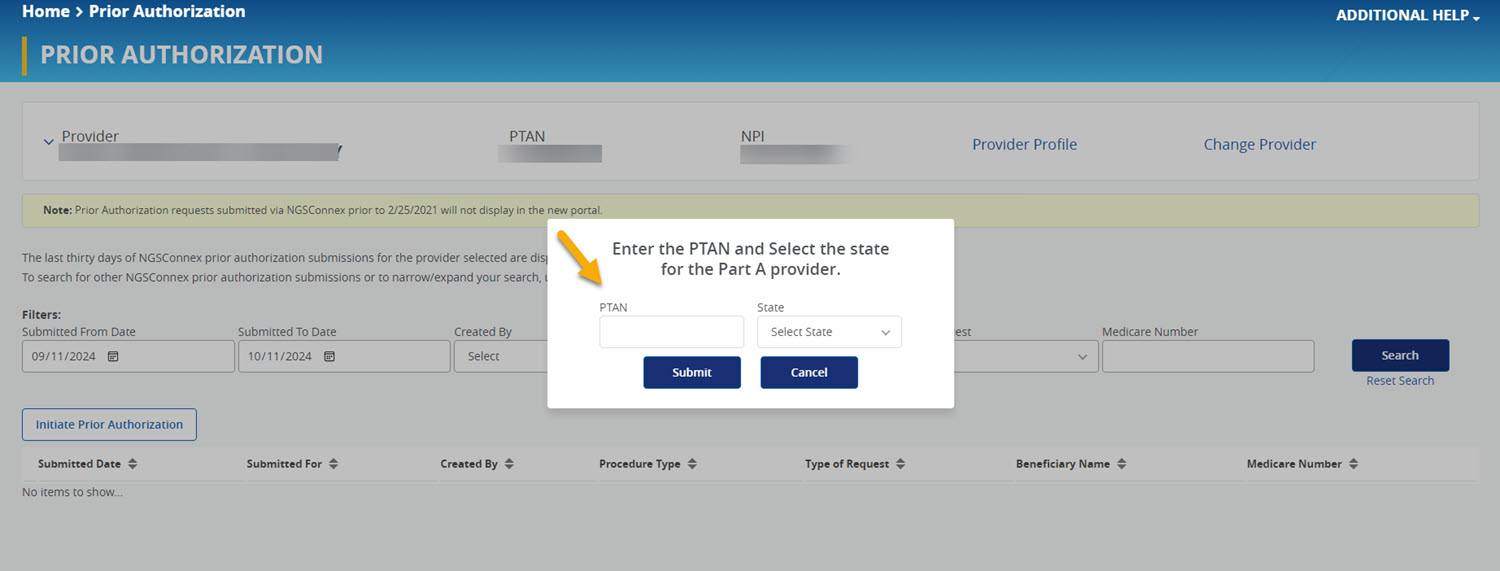 Screenshot of dialog box to enter ptan and state.