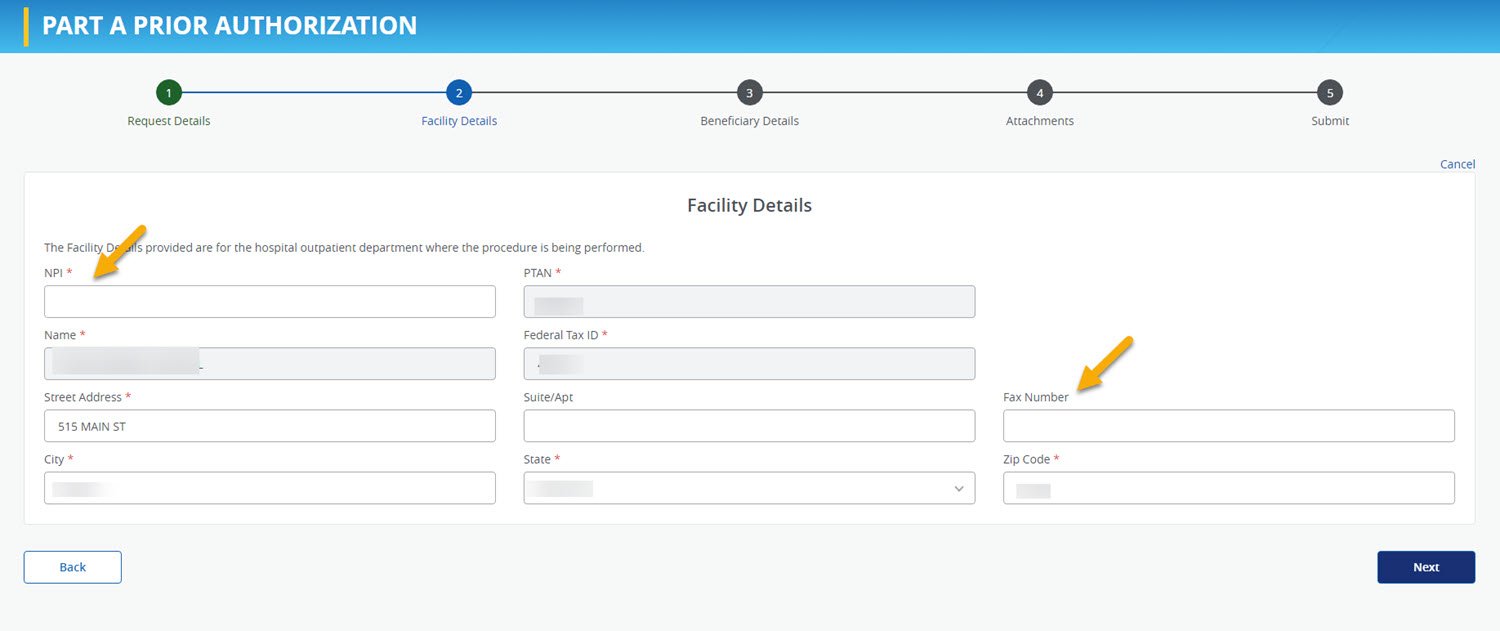 Screenshot of facility details.