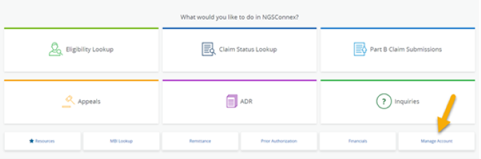 The NGSConnex homepage with a yellow arrow pointing to the Manage Account tab.