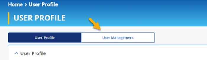 A computer screen with a blue background with a yellow arrow pointing to the User Management tab.