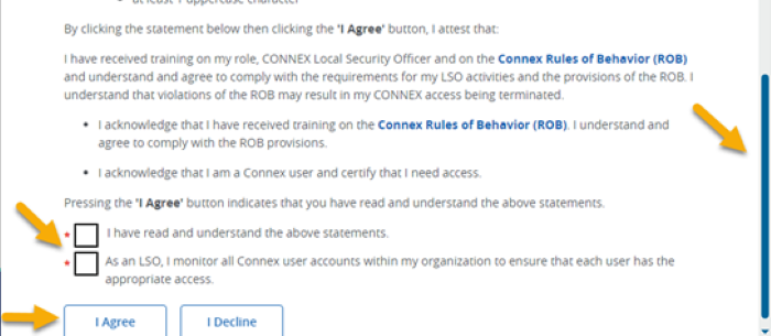 The LSO Annual Security Awareness Training in Connex. A yellow arrow pointing to the scroll bar and a yellow arrow pointing to the checkboxes and I agree button.