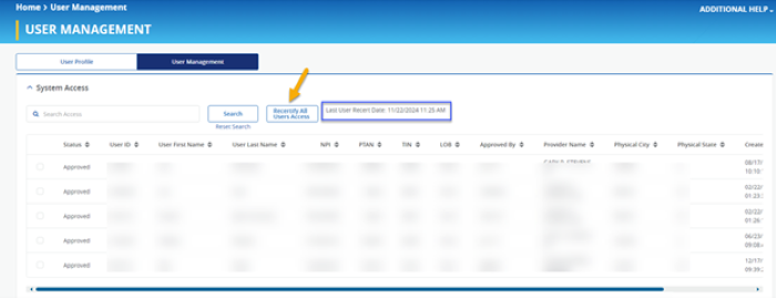 User Management in Connex with a yellow arrow pointing to the Recertify All Users Access button.